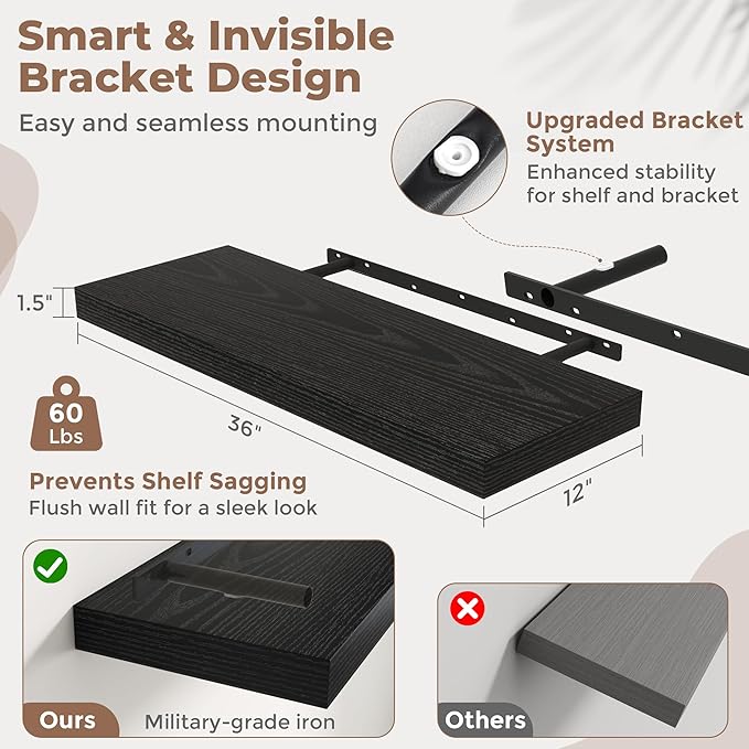 36 Inch Floating Shelves for Wall Set of 2, 12"D Wood Grain Bathroom Shelves with Invisible Brackets, Easy Install Engineered Wood Storage Shelves for Kitchen, Living Room, Bedroom, Black Finish