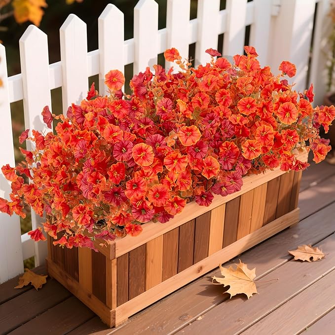 Fake Flowers Artificial for Outdoor Decoration Autumn Silk Flower UV Resistant, 12 Bundles Faux Morning Glory with Eucalyptus Greenery for Indoor Garden Planters Patio Window Home Decor, Mix