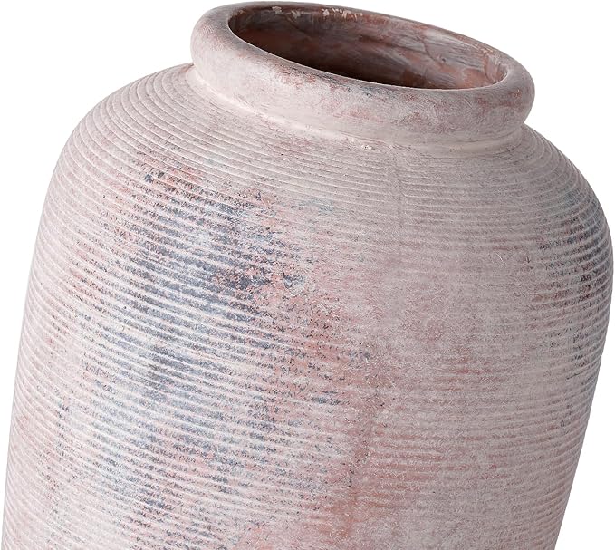 Rustic Distressed Ceramic Threaded Vase, 11" H Handmade Wabi Sabi Decor Vase (Antique Terracotta with Lime White & Distressed Black Patches) for Living Room Table Centerpieces, Entryway & Fireplace