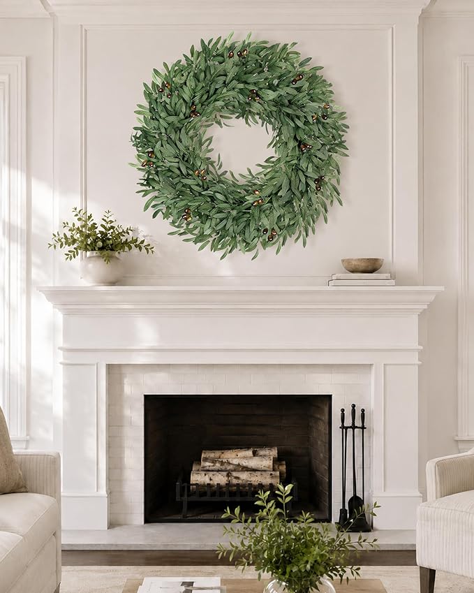 32 Inch Large Olive Wreaths for Front Door, Artificial Large Spring Summer All Seasons Year Round Green Lush Olive Branch Wreath for Home Farmhouse Porch Window Outdoor