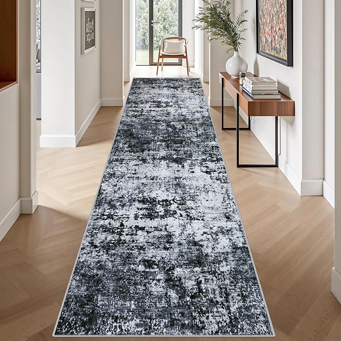 Washable Area Rug 3x14 Entryway Rug: Washable Modern Abstract Soft Thin Rug Indoor Floor No Slip Stain Resistant Carpet for Bedroom Dining Room Farmhouse Nursery Home Office - Black