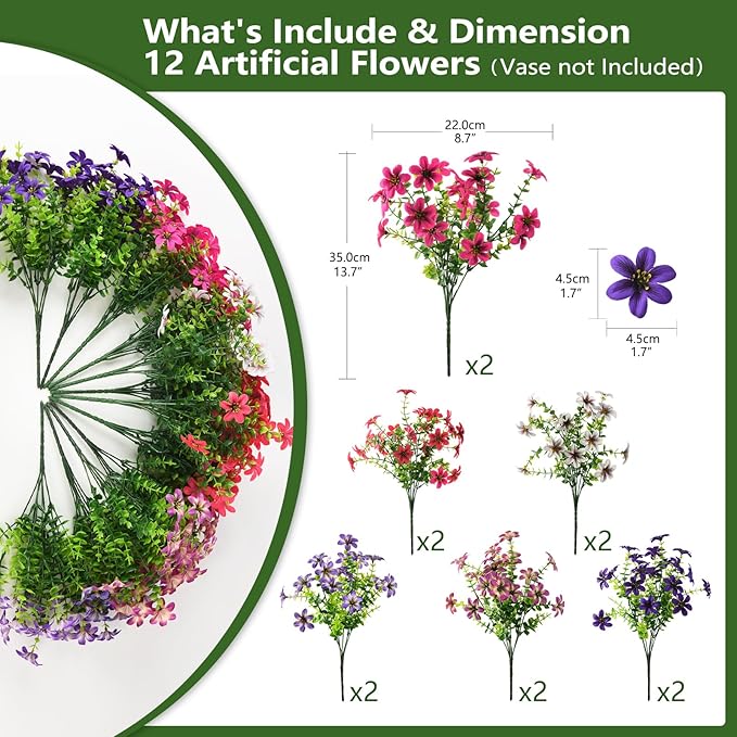 Artificial Flowers for Outdoor Faux Flower Spring Decoration, 12 Bundles Fake Plants Silk Daisy Bulk UV Resistant Realistic for Outside Porch Patio Balcony Planter Yard Garden Home Decor(Mixed 1)