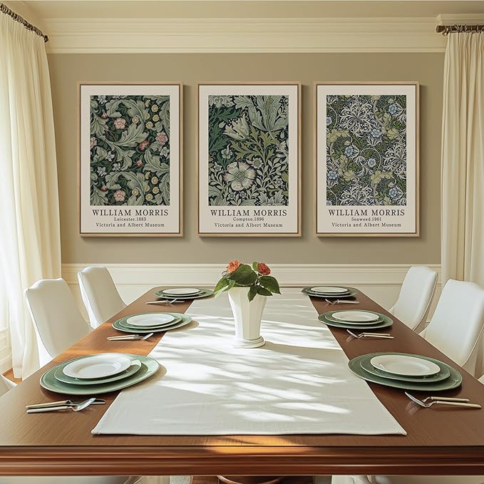 Framed William Morris Canvas Wall Art Green Decor Set of 3, Vintage Large Floral Artwork Prints, Boho Farmhouse Botanical Picture Prints for Living Room, Bedroom, Hallway, Office, Total Size 30x60