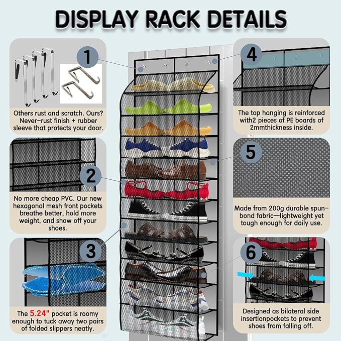 Over The Door Shoe Organizer with 12 Large Breathable Pockets - Durable Hanging Storage for the Entire Family's Shoes (Gray)