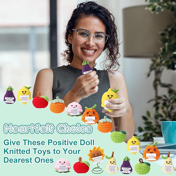 VioraWhite 18 Pcs Positive Fruit Sunflower Emotional Crochet Dolls Bulk Support Encouragement Emotional Knitted Crochet Gifts with Positive Words for Friends Coworker Decorations for Home Office