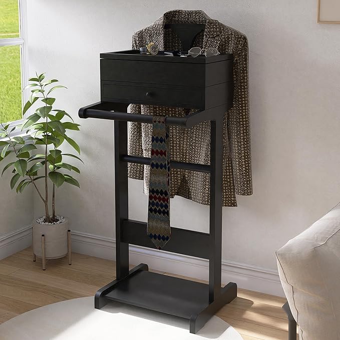Wooden Valet Stand for Men, Clothing Rack with Drawer, Coat Hanger, Tray, Rods, Shoe Shelf, Women Garment Valet for Bedroom, Living Room, Office, Entryway, Black