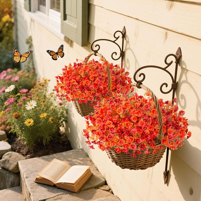 Fake Flowers Artificial for Outdoor Decoration Autumn Silk Flower UV Resistant, 12 Bundles Faux Morning Glory with Eucalyptus Greenery for Indoor Garden Planters Patio Window Home Decor, Mix
