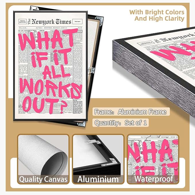 Drimiler Retro Newspaper Pink Font Poster What If It All Works Out Canvas Wall Art Positive Affirming Quote Minimalist Prints Painting For Home Bedroom Dorm Wall Decor 16x24in Framed