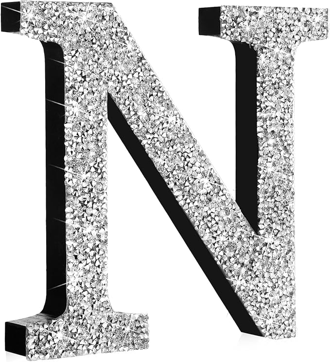 Qunclay 8'' Silver Crystal Diamond Bling Letters Crushed Diamond Decoration Wooden Glitter Letter with Screw and Hooks Rhinestone Gift for Wedding Y2k Mcbling Bedroom Wall Decor (Letter N)