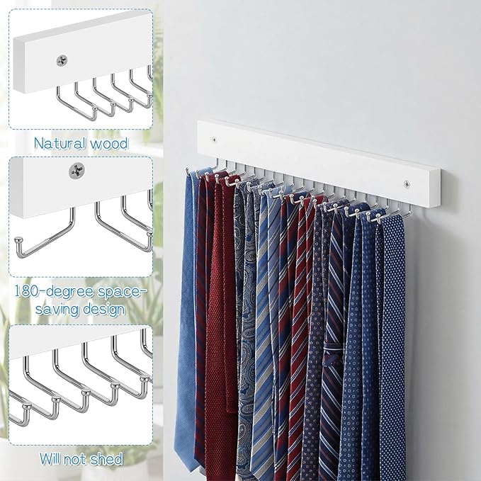 2 Pcs Tie Rack Wall Mounted, Wooden Tie Belt Organizer with 20 Hooks Non Slip 180 Degree Space Saving Hangers with Screws for Ties, Keys, Scarves, Tops, Belt, Bags (White)