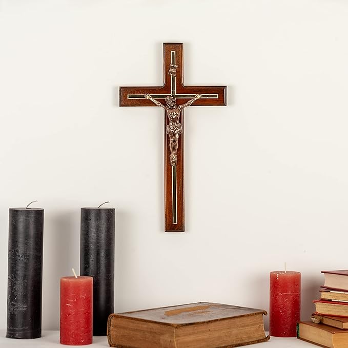 Woodvio Handmade Wooden Wall Cross with Metal Jesus Corpus, Traditional Catholic Crucifix for Wall, Christian Religious Gift with 2 Wooden Rosaries