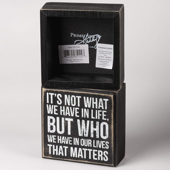 Primitives by Kathy 35144 Classic Black and White Box Sign, 4 x 4-Inches, Who We Have