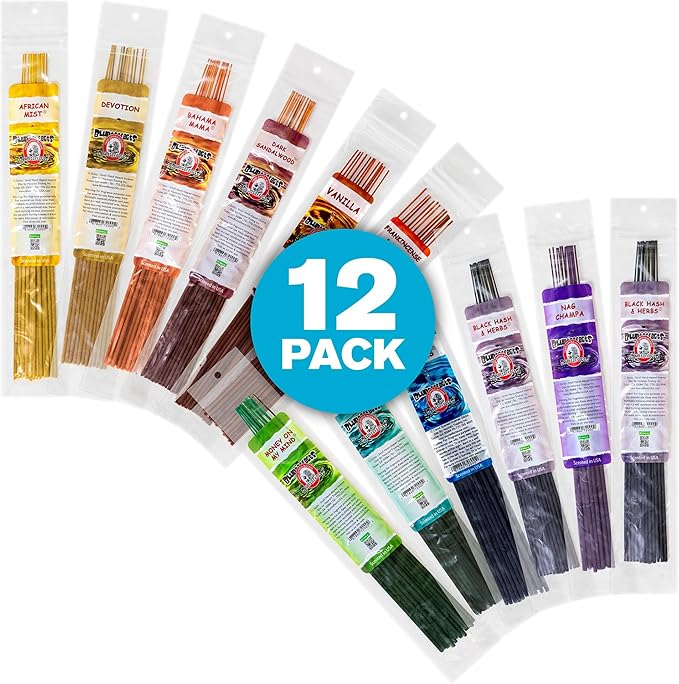 Blunteffects Hand-Dipped Incense Sticks - Premium 288-Pack Variety Set, 12 Different Scents, 11" Long, USA-Made Aromatherapy with Long Burn Time (12 Pack, 144 Total Sticks)