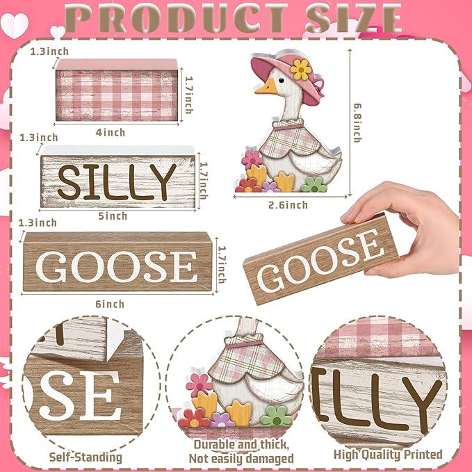 Yuntau 4 Pcs One Silly Goose Birthday Party Decoration Wood Silly Goose Table Sign Pink Baby Shower Tiered Tray Decor Tabletop Centerpieces for First Birthday Baby Shower Home Shelf Office