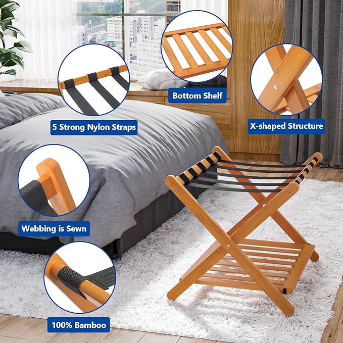Smuxee Fully Assembled Honey Luggage Rack, Upgraded Bamboo Foldable Suitcase Stand with 5 Nylon Straps, Luggage Holder with Shelf for Guest Room Bedroom Hotel