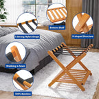 Smuxee Fully Assembled Honey Luggage Rack, Upgraded Bamboo Foldable Suitcase Stand with 5 Nylon Straps, Luggage Holder with Shelf for Guest Room Bedroom Hotel