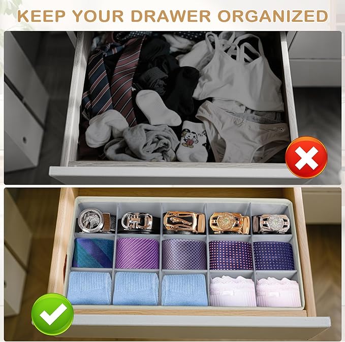 Belt Organizer for Closet, Tie Storage Organizer Bins with 15 Compartments Drawer Organizer, Linen Closet Organizers Storage Box for Socks, Bras, Briefs, Ties, Belts