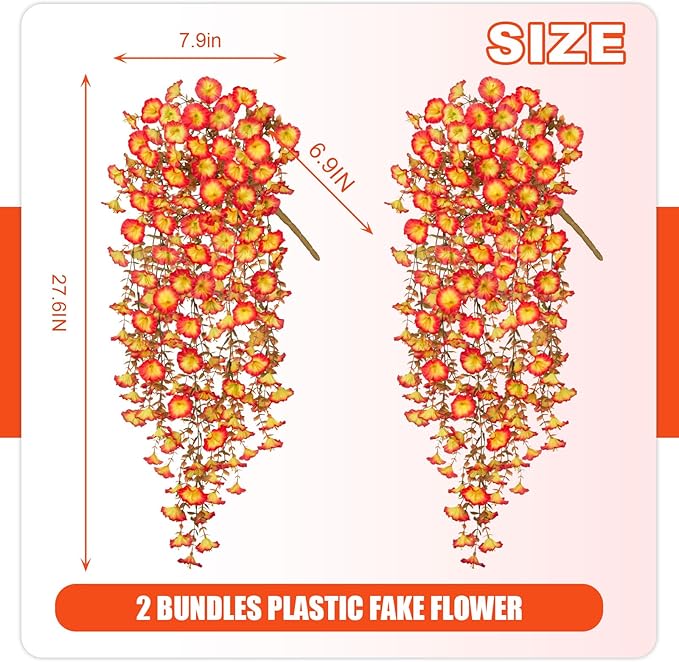 Fake Fall Hanging Flowers Artificial for Outdoor Decoration, 2 PCS Autumn Silk Faux Flowers Morning Glory with Eucalyptus Leaves, Realistic Hanging Plants for Wedding Home Office Garden Decor, Mix