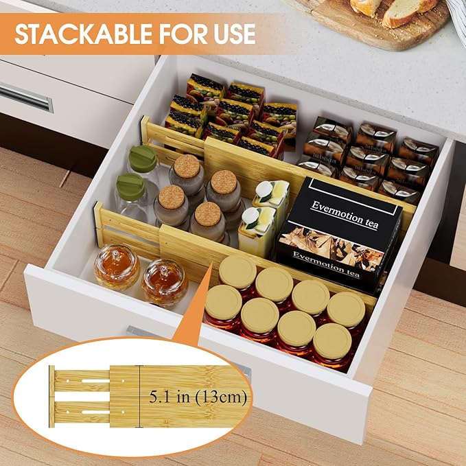 Bamboo Drawer Dividers,17-22" Adjustable Kitchen Drawer Organizer for Clothes,6 Pack Expandable Drawer Organization Separators for Bedroom,Bathroom,Dresser and Office,Natural