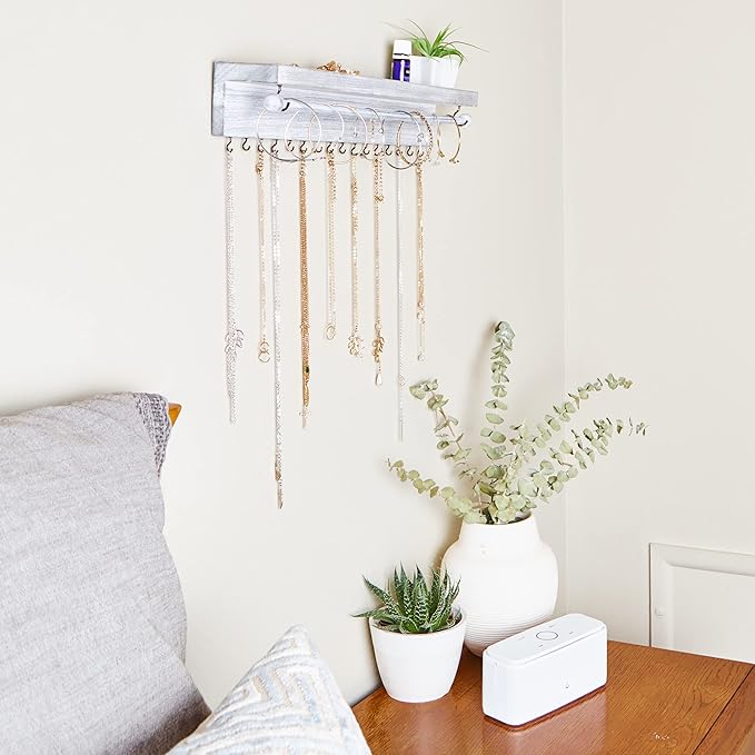 Rustic Necklace Jewelry Organizer - Gray White Wall Mount Jewelry Holder - Mounted Hanging Jewelry Storage Hooks for Necklace, Earrings, and Rings - Farmhouse Wood Decor Bedroom Boho Shelf Rack
