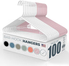 Neaties Plastic Hangers 100 Pack – Made in The USA – 6lb Capacity Standard Clothes Hangers with Strap Hooks for Dresses, Lingerie, Shirts, Pants, and Jackets – White & Pink