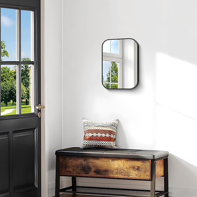BONEWEI 16x20 inch Bathroom Mirror,Black Rectangle Mirror,Wall Mounted Bathroom Frame Vanity Mirror with Round Corner for Bedroom Living Room,Entryway Hangs Horizontal or Vertical