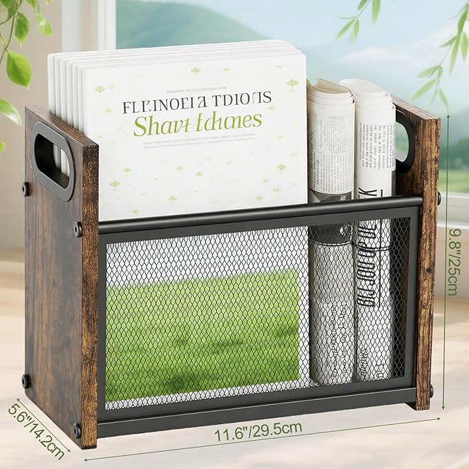 Magazine Rack & Holder, Mesh Magazine Rack Floor, Multi-Purpose Storage Organizer for Magazines, Books, Newspapers, Mail, Tablets | Magazines Storage Basket for Home, Office, Bathroom, Vintage Brown