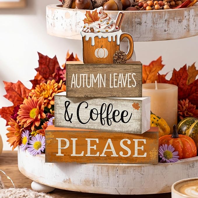 Lineshading 4 Pcs Fall Coffee Table Decor Fall Decoration for Home Wooden Stacked Block with Pumpkin Latte Topper Rustic Thanksgiving Tiered Tray Decor for Harvest Party Home Kitchen Coffee Bar