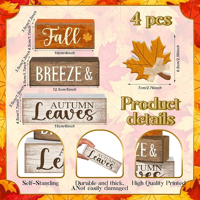 Lineshading 4 Pcs Fall Decoration for Home Wooden Maple Leaf Thanksgiving Table Centerpiece Rustic Thanksgiving Tiered Tray Decor Decorative Autumn Leaves Block Sign Farmhouse Autumn Decor for Kitchen