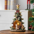 VISFLAIR 12'' Christmas Tree Lighted Manger Nativity Scene, Musical Holy Family Figurines LED Light Play Silent Night Music, Battery & USB Home Decor Gifts Festive Holiday Decorations