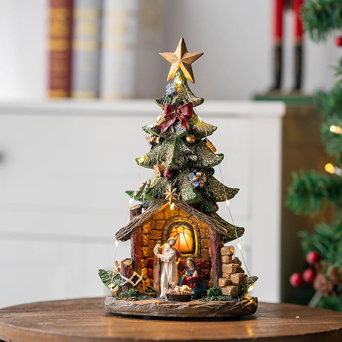 VISFLAIR 12'' Christmas Tree Lighted Manger Nativity Scene, Musical Holy Family Figurines LED Light Play Silent Night Music, Battery & USB Home Decor Gifts Festive Holiday Decorations