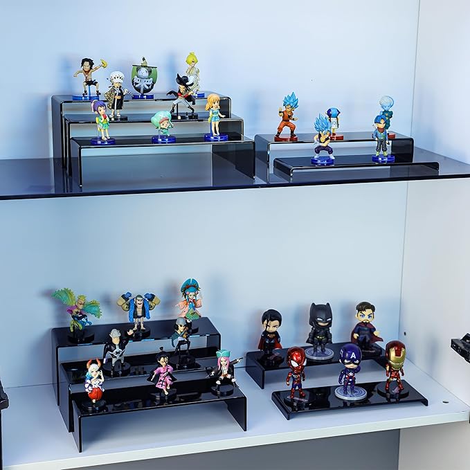 ANDGOO 10 Pack Large Acrylic Display Stands, 2 Set(10”L~11”L~12”L) Rectangular Display Stands, Acrylic Display Shelves for Figures, Perfume Organizer, Cupcake Dessert Table Display Set (Black)