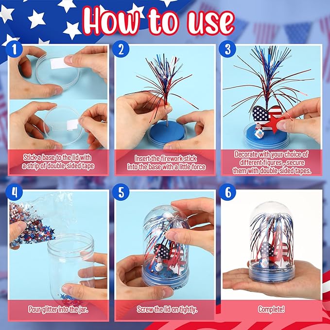 Sotiff 12 Sets 4th of July Themed Snow Globe Craft 250th Anniversary Party Supplies Firework Picks Mini Gnome Ornaments Stars Patriotic Heart Anniversary Party for Classroom Activities