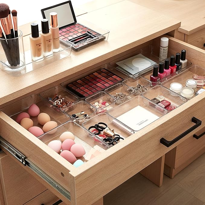 Masirs Clear Drawer Organizers Set 25 PCS – Plastic Storage Bins for Desk, Kitchen, Bathroom, Vanity – Modular, Stackable, Non-Slip Drawer Organizer Trays for Makeup, Utensils, Office Supplies