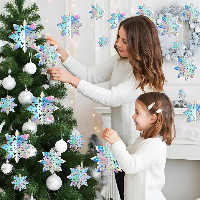 12Pcs Winter Snowflake Ornaments - 3D Large Iridescent Hanging Snowflakes Decorations, Paper Snowflake Garland with 3 Size for Winter Wonderland Frozen Christmas Party Decorations Holiday Home Indoor