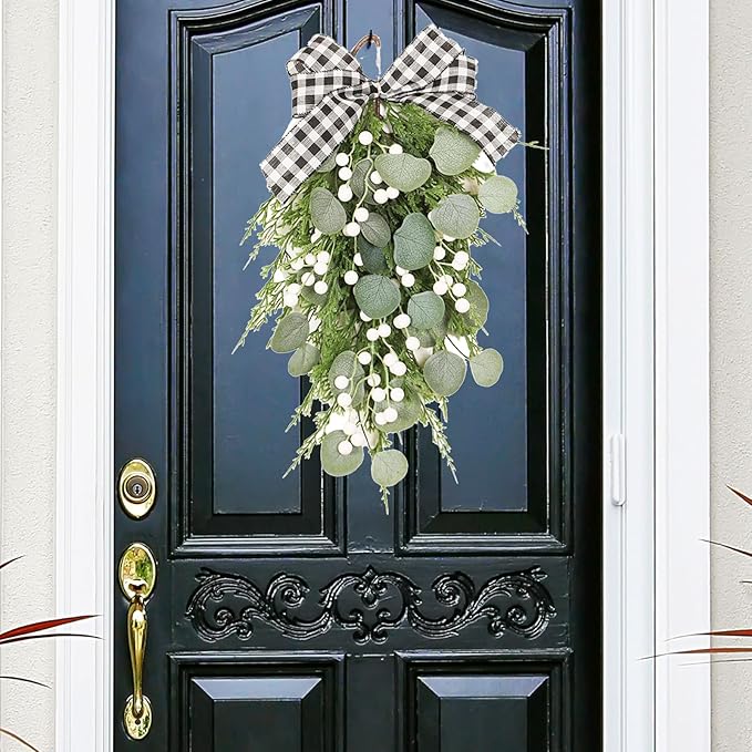 BestAlice 19.7 Inch Eucalyptus Swag with Bow, Wall Hanging Greenery Teardrop Wreath, Artificial Green Leaves Wreaths Decorative for Front Door Farmhouse Decor
