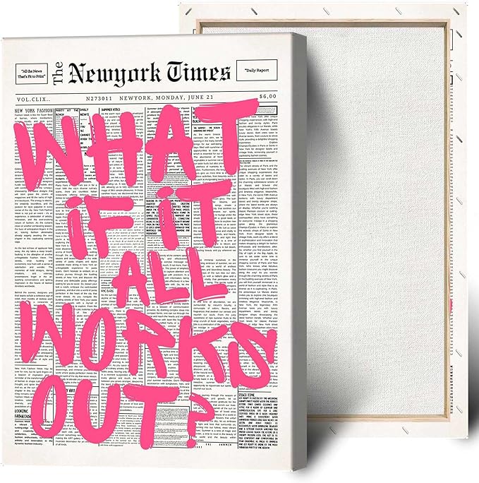 Drimiler Retro Newspaper Pink Font Poster What If It All Works Out Canvas Wall Art Positive Affirming Quote Minimalist Prints Painting For Home Bedroom Dorm Wall Decor 24x36in Wframed