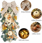 Valery Madelyn 24 inch Fall Pumpkin Teardrop Swag Autumn Harvest Door Hanger with Green & White Mini Pumpkins, Eucalyptus, Raffia, Berries and Striped Bow for Front Door Thanksgiving Table Centerpiece