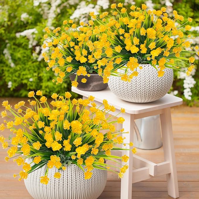 TURNMEON 12 Bundles Artificial Flowers for Outdoors Spring Decor, Realistic UV Resistant Fake Plants Faux Plastic Flowers for Outside Planter Home Gardens Porch Yards Cemetery Summer Decor(Yellow)