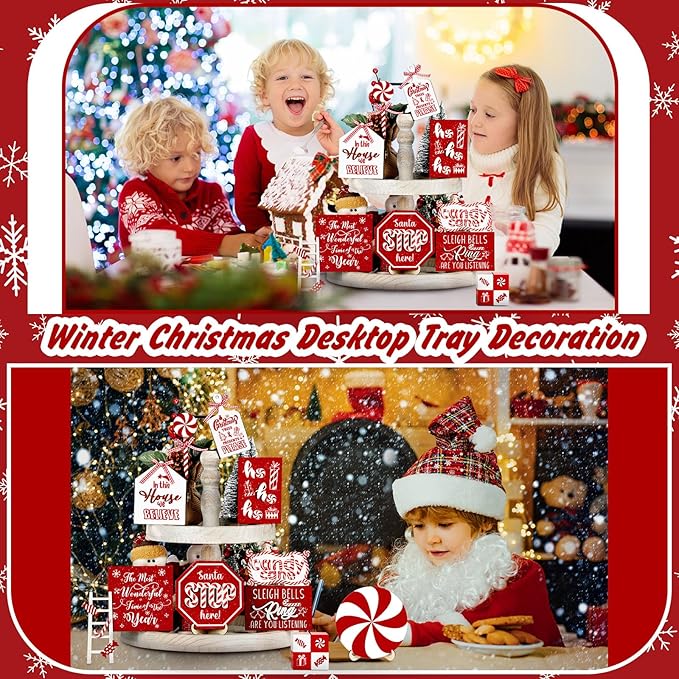Mifoci 14 Pcs Christmas Tiered Tray Decor Rustic Christmas Decorations Snowman Santa Candy Wood Sign Xmas Table Tiered Tray Winter Farmhouse Rustic Table Decor for New Year Home Shelf Tabletop