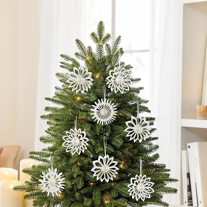 EASY JOY 9Pcs Christmas Hanging Decorations-White Snowflakes Ornaments 3D Christmas Winter Decorations Pure White Hanging Snowflake Decoration for Christmas Tree Garland Winter Home Window Room