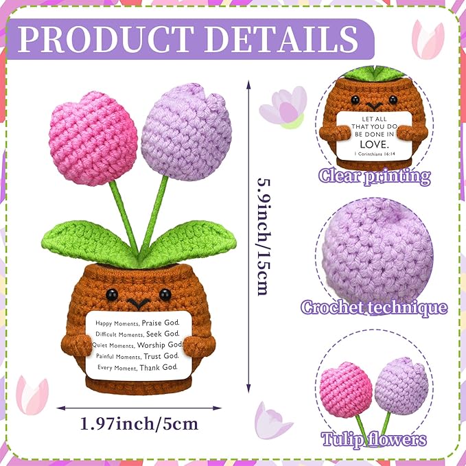 Wavwavw Christian Gift for Women Positive Handmade Tulips Flower Crochet Doll with Bible Verse Prayer Card Inspirational Scripture Religious Crochet for Christmas Sunday Group Church