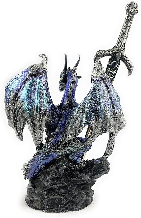 Ain’t It Nice Dragon Statue with Medieval Dragon Sword and Crystal Ball Collectible Dragon Figurine Fantasy Medieval Dragon Décor, Blue 4(L) 2(W) 7(H) inches