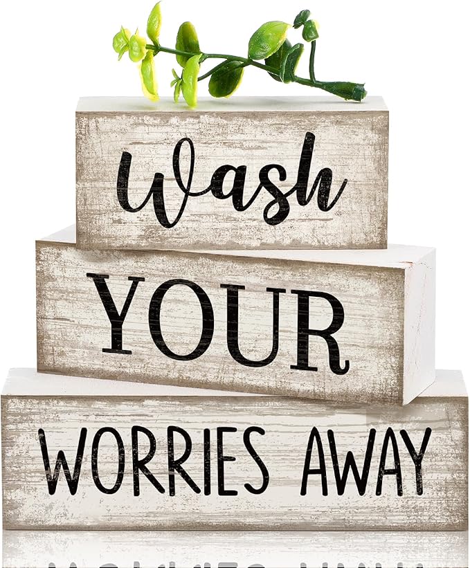 Moucuny 4 Pcs Farmhouse Laundry Room Decor Stacked Blocks Wash Your Worries Away Sign Funny Bathroom Shelf Decor and Accessories Rustic Eucalyptus Leaves Block Signs for Home Bathroom Toilet Washroom