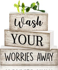 Moucuny 4 Pcs Farmhouse Laundry Room Decor Stacked Blocks Wash Your Worries Away Sign Funny Bathroom Shelf Decor and Accessories Rustic Eucalyptus Leaves Block Signs for Home Bathroom Toilet Washroom