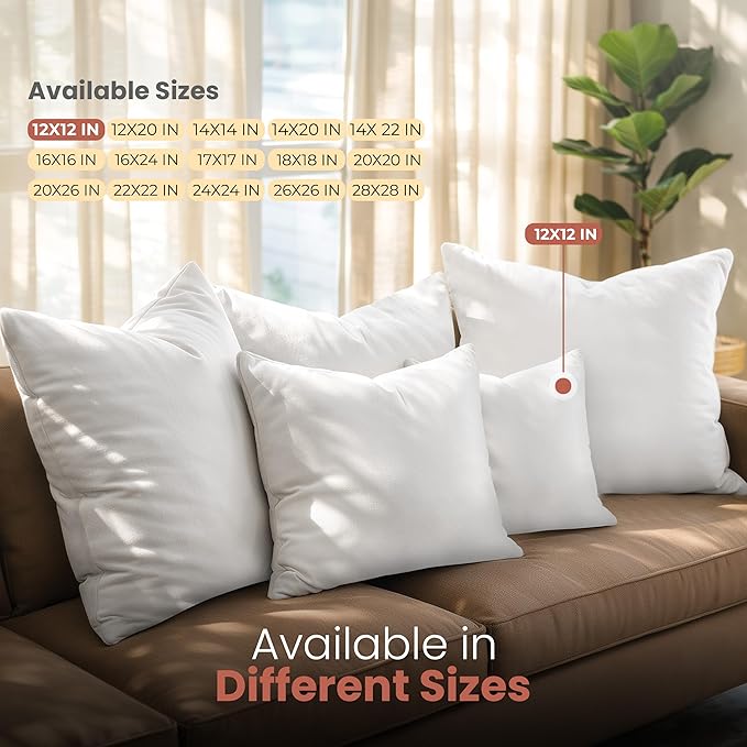 Utopia Bedding 12x12 Pillow Inserts, Set of 2, White – Indoor Decorative Throw Pillows for Bed, Sofa & Couch – Soft, Supportive & Fluffy Cushion Inserts