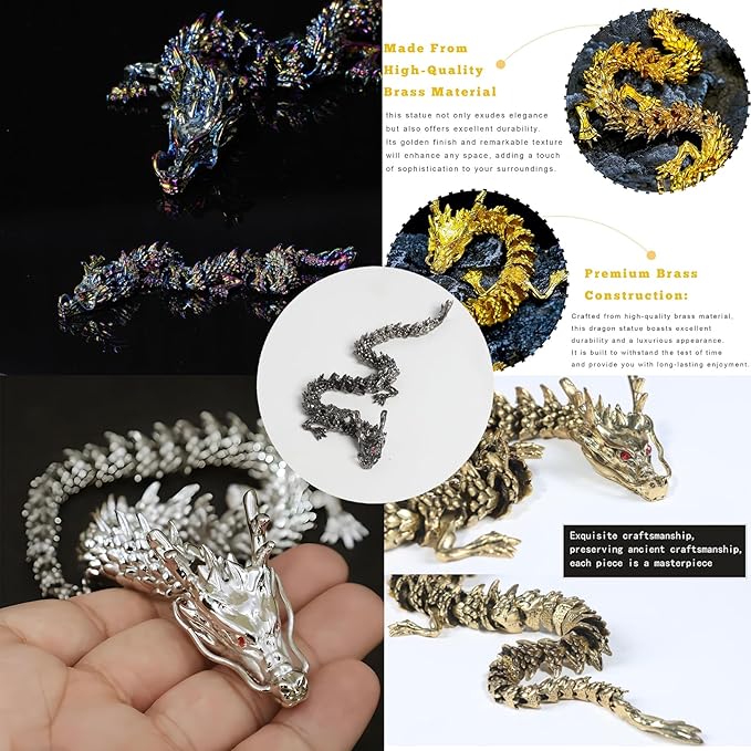 LIYAOLI 5 Pcs Metal 3D Printed Articulated Chinese Dragon Figurine Statue Bookshelf Decor 9 Inch Flexible Joints Luck Dragon for Home Office Desk Decoration