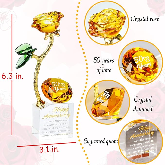 YWHL 50th Wedding Anniversary Rose Gifts for Parents Grandparents, 50 Years Happy for Couples, Crystal Rose Figurine with Amber Diamond, Romantic Valentines Day Present for Wife