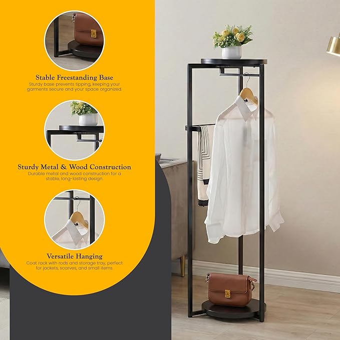 Kings Brand Furniture Suit Valet Stand, Coat Rack with Rods & Storage Trays - Tie Jacket Hanger, Freestanding Clothing Organizer Perfect for Bedrooms & Entryways, Black