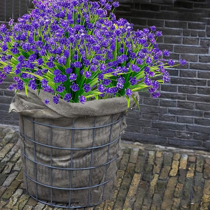 TURNMEON 20 Bundles Artificial Flowers for Outdoors Fake Plants Spring Decor, UV Resistant Artificial Plants Cemetery Flowers Faux Plastic Greenery Shrubs for Home Porch Summer Decor 500 Heads(Purple)